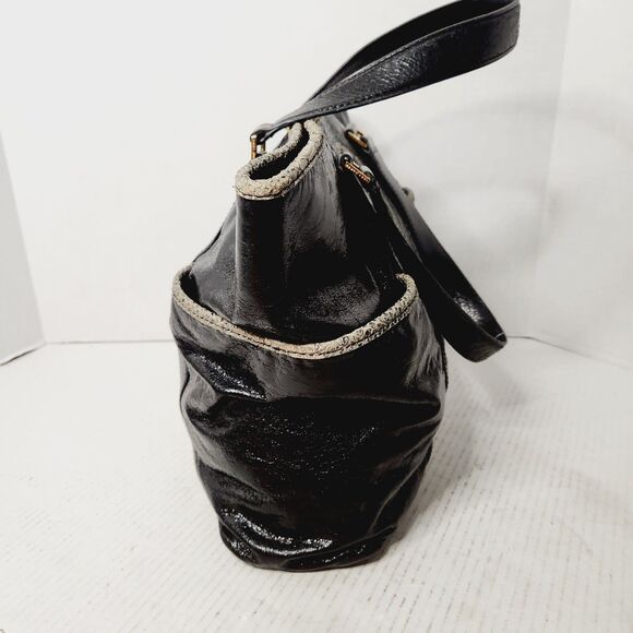 Tory Burch Black Patent Leather Snakeskin Trim Gold Hardware Shoulder Bag Tote - Picture 8 of 16